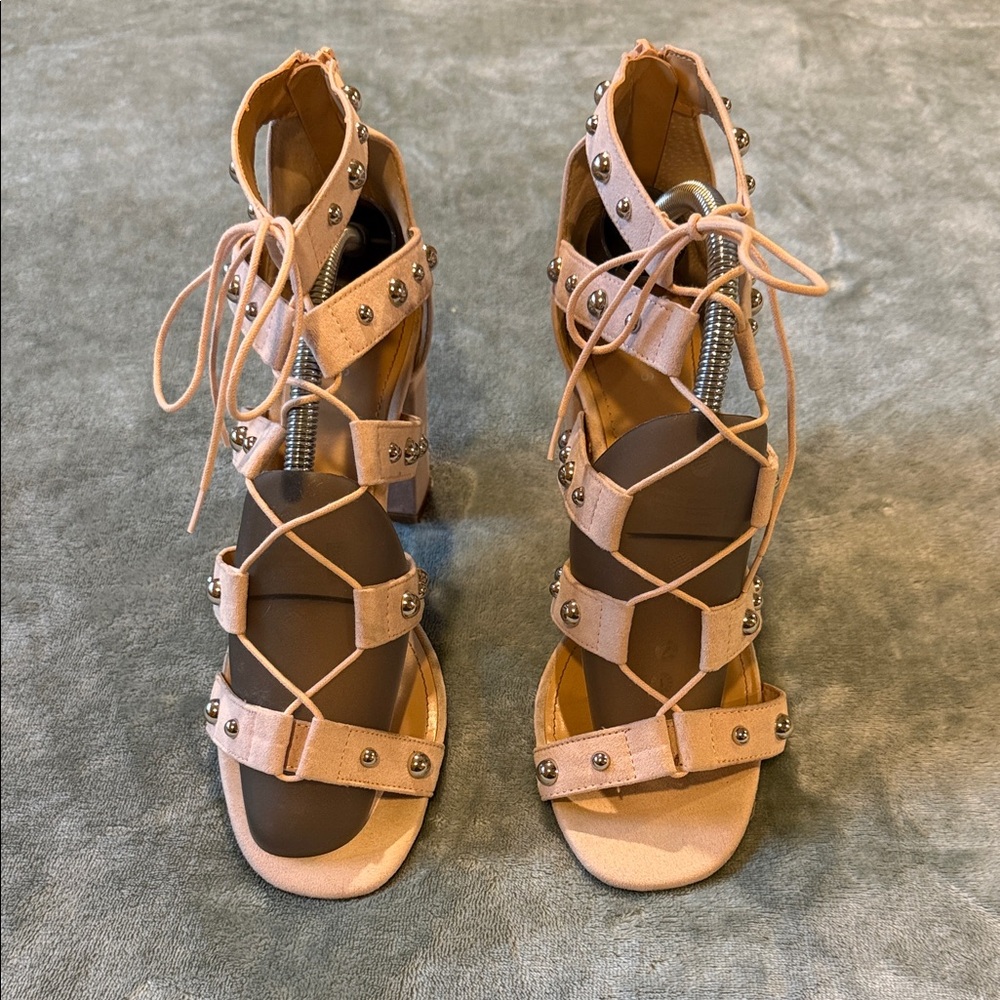 Express Studded Lace-Up Block Heel Sandals - Ultra-Suede Blush Pink, size 10